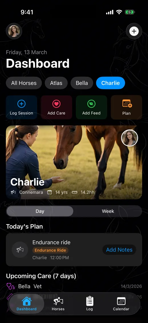 Equitem app dashboard with horse overview